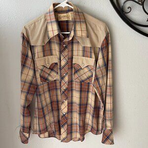 Vintage Gentry Western Snap Button Plaid Shirt Beige Mens large cowboy shirt